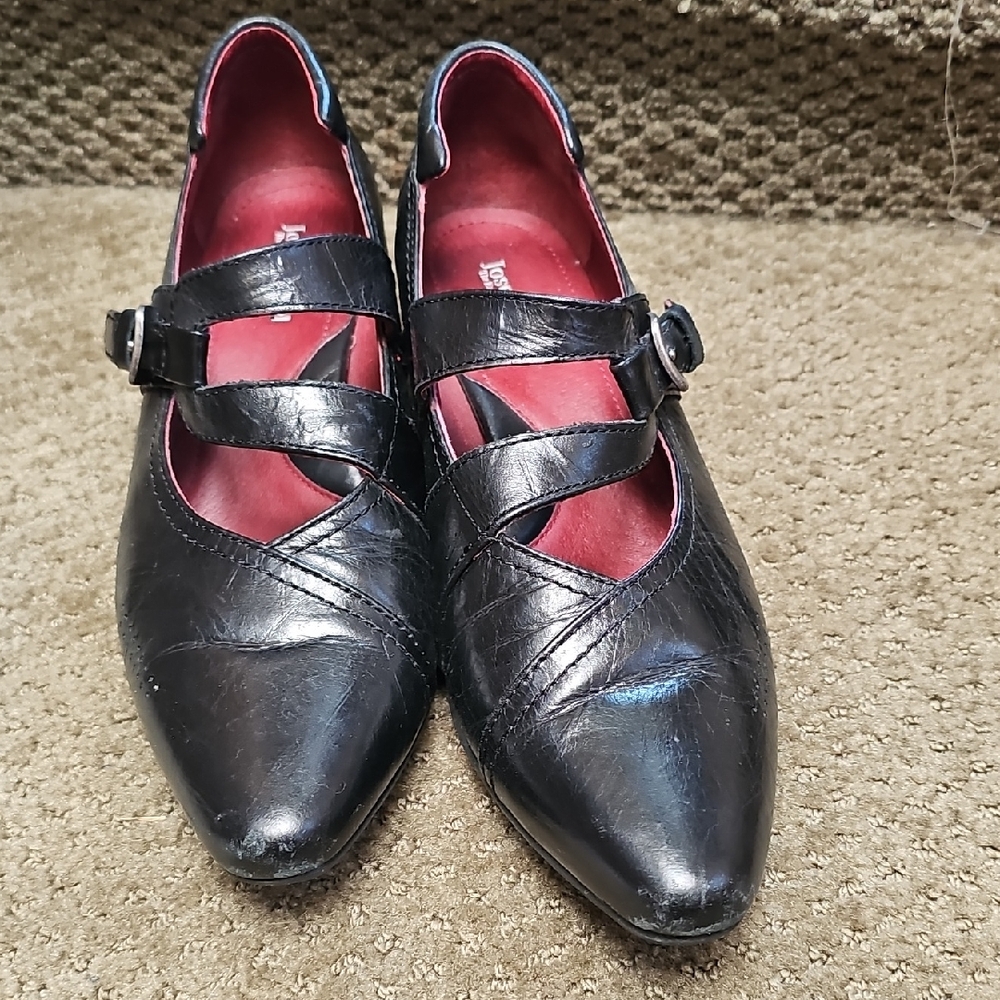 Josef Seibel Black Leather Flats with Buckle